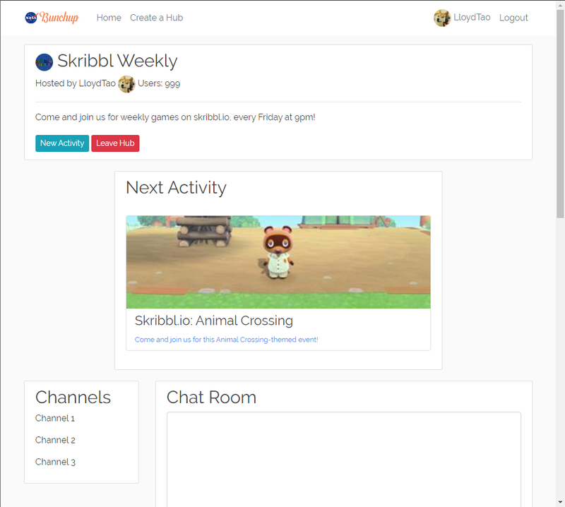 A hub view, showing the next activity and chat rooms.