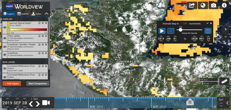Comparing the AOD from Guatemala between 2019 and 2020.