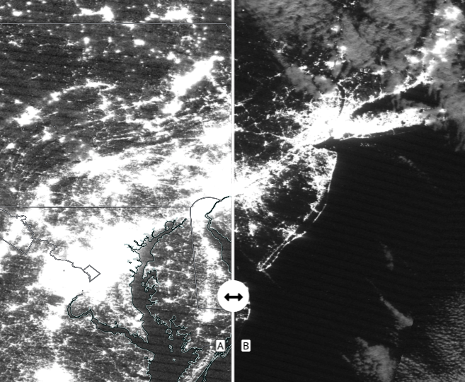 This image comes from NASA Worldview, and compares the nighttime light intensity in the DC and NYC areas between April 1 2019 with April 11 2020. We're processing these images to quantify the change in intensity.