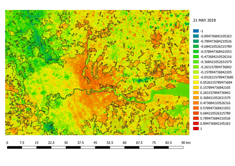 With more people staying indoors, the UHI index, in Walthamstow, a residential area has suffered an increase from last year's values as seen from darker red regions