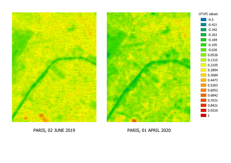 Eiffel Tower, one of the popular tourists spots, has now seen a drop in UHI (Urban Heat Index) values with less human intervention owing to lockdown measures in Paris. (2020 UHI -0.024 , 2019 UHI-0.076)