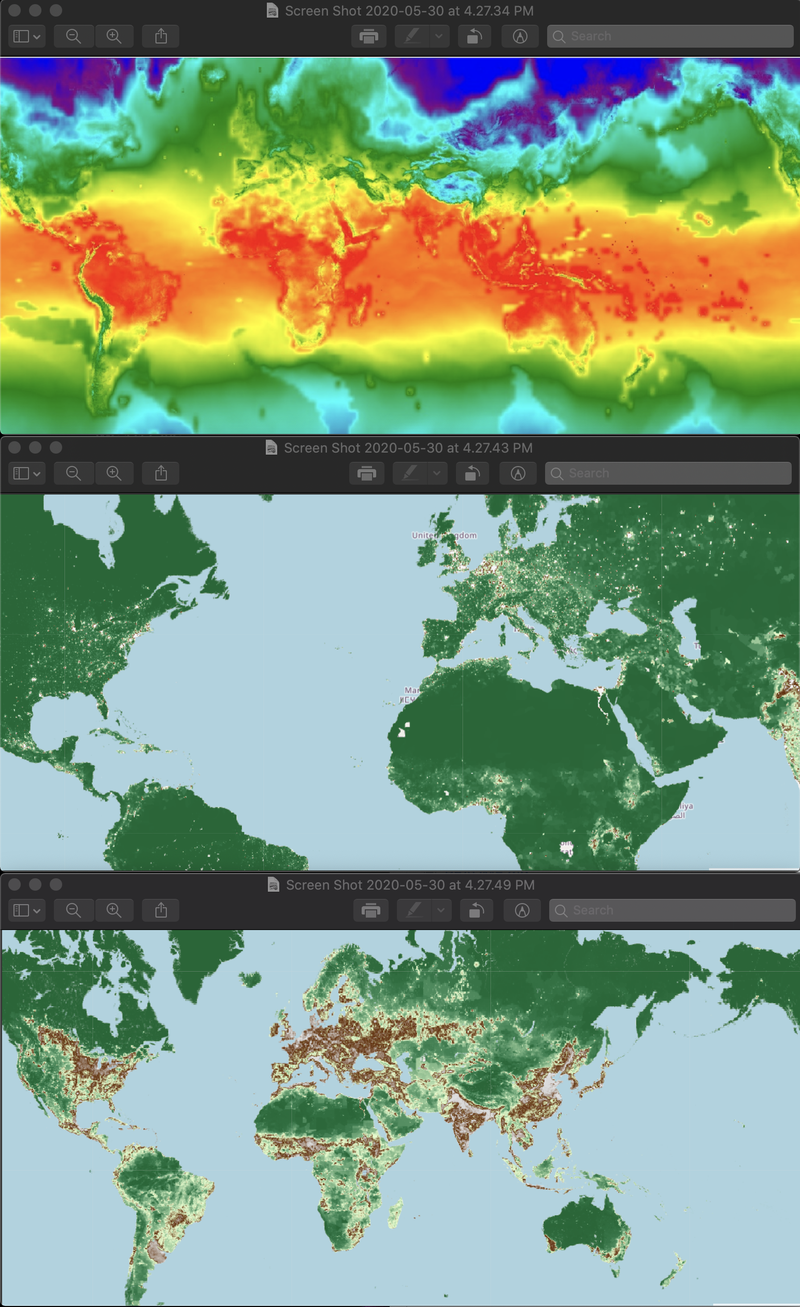 Our first few graphs have been successfully created! From top to bottom, these show global climate, population density, and global human modification, using two NASA datasets, and one from the Conservation Science Partners. 