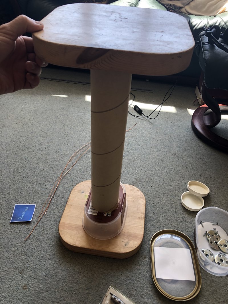 Early concept of the filter as a piece of furniture. IKEA stool seats as base and top with extra wood at the bottom for weight, but this tube is jsut not big enough - there would be rods (broom handles) at each corner for a vintage eggtimer look. You could even have a vase of flowers on the top - but in the end time meant we had to concentrate of getting it to work