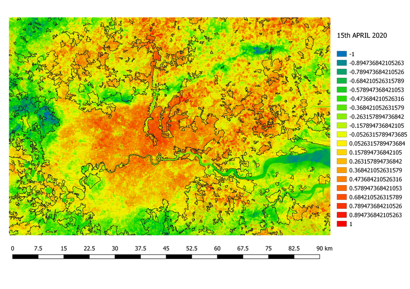 With more people staying indoors, the UHI index, in Walthamstow, a residential area has suffered an increase from last year's values as seen from darker red regions