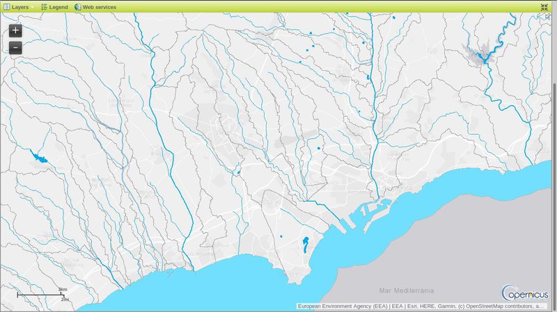 One of the test: calculation of Drainage/Surface water for Tarragona, Catalonia(ES), from EU_HYDRO model of Copernicus.